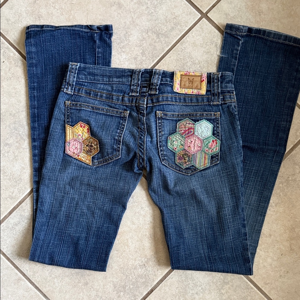 Frankie B. Dark Blue Straight Leg Jeans with Hex Patch Pockets